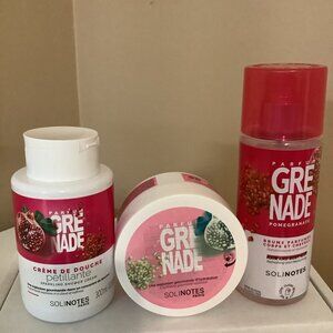Solinotes Pomegranate Sparkling Body Balm, Shower Cream & Hair & Body Mist. New